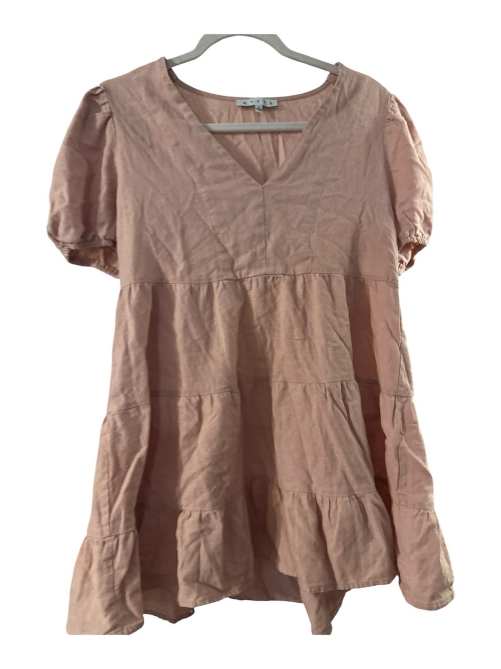 HYFVE Blush Pink Tiered V-Neck Puff Sleeve Tunic med like new 100% cotton